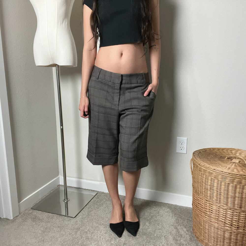 y2k brown plaid low rise wide straight leg cropped trousers shorts